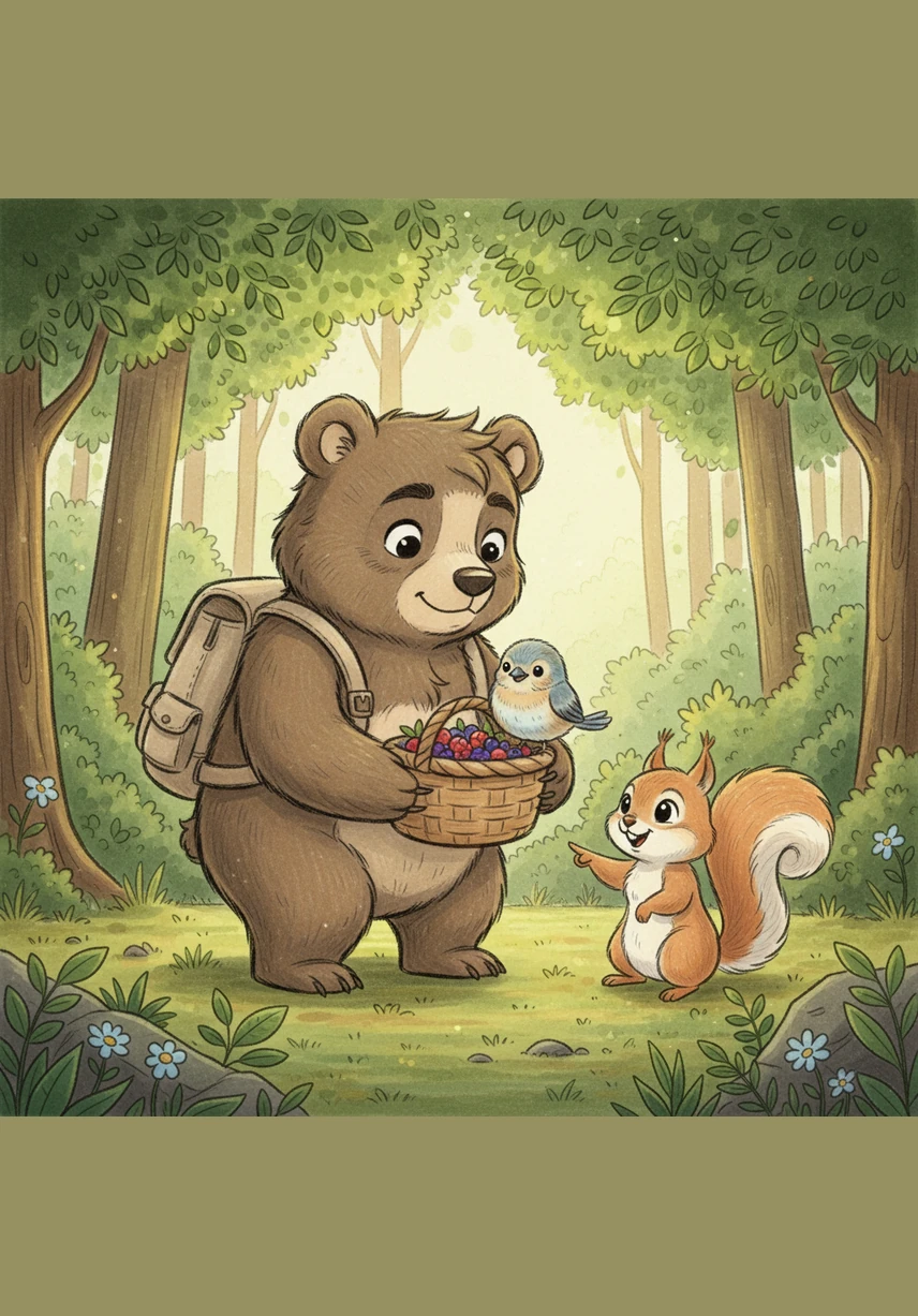 Barnaby uses his keen nose to sniff the ground and helps the squirrel uncover the hidden acorns beneath a large fern. The squirrel chirps happily and skips around Barnaby in circles.