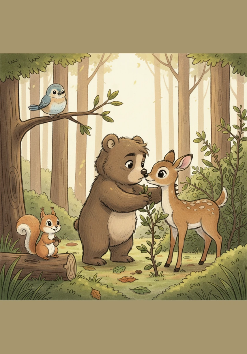 Barnaby move slowly so he doesn't scare the deer and uses his strength to gently push the prickly branches aside. Once free, the deer nuzzles Barnaby’s nose to show its gratitude.