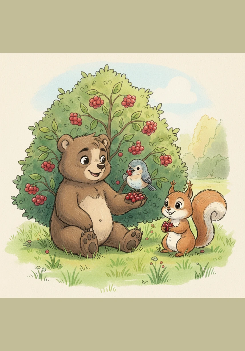 Barnaby finds a bush filled with sweet wild berries and decides to share them with everyone. They all sit together in the grass, enjoying a delicious snack and the company of good friends.