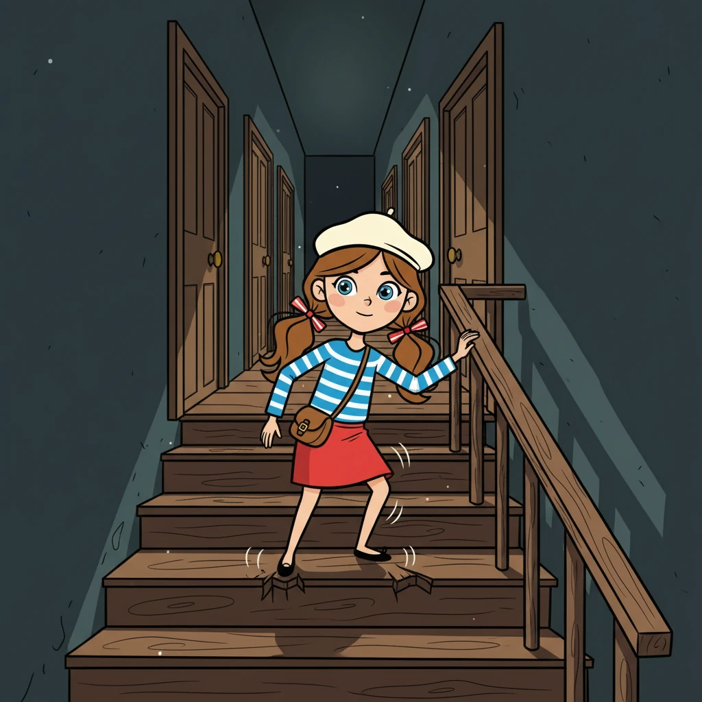 Elara entendit un bruit de pas au-dessus d'elle. Elle monta les escaliers en bois grinçant, chaque marche craquant sous son poids. En haut, un long couloir sombre s'étendait devant elle, orné de portes closes.