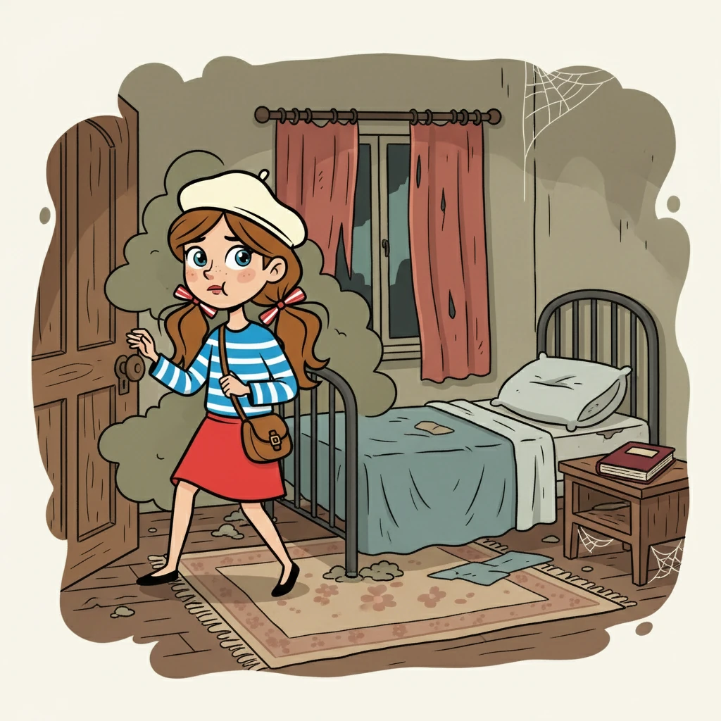 Elle ouvrit la première porte, et se retrouva dans une chambre à coucher délabrée. Un lit défait, des rideaux déchirés, et une odeur de renfermé emplissaient l'air. Sur la table de chevet, un journal intime était posé.