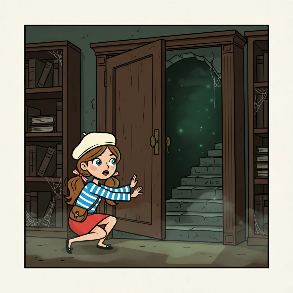 Elle trouva une pièce secrète derrière une bibliothèque, cachant un passage vers le sous-sol. L'air y était lourd et humide, et une lueur verdâtre émanait des profondeurs. La peur la paralysa un instant.