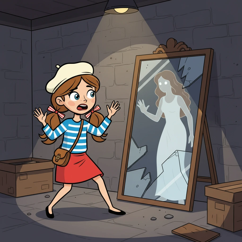 Au fond du sous-sol, elle découvrit un miroir brisé, et une silhouette spectral. Elle reconnut la femme du portrait. La femme tendit la main, et Elara sentit la peur s'emparer d'elle.