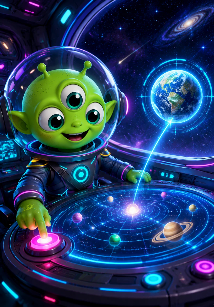 Pip, a small green alien with three curious eyes, checks his star map inside a round, glowing spaceship. He presses a shiny button, setting a course for the beautiful blue planet known as Earth.