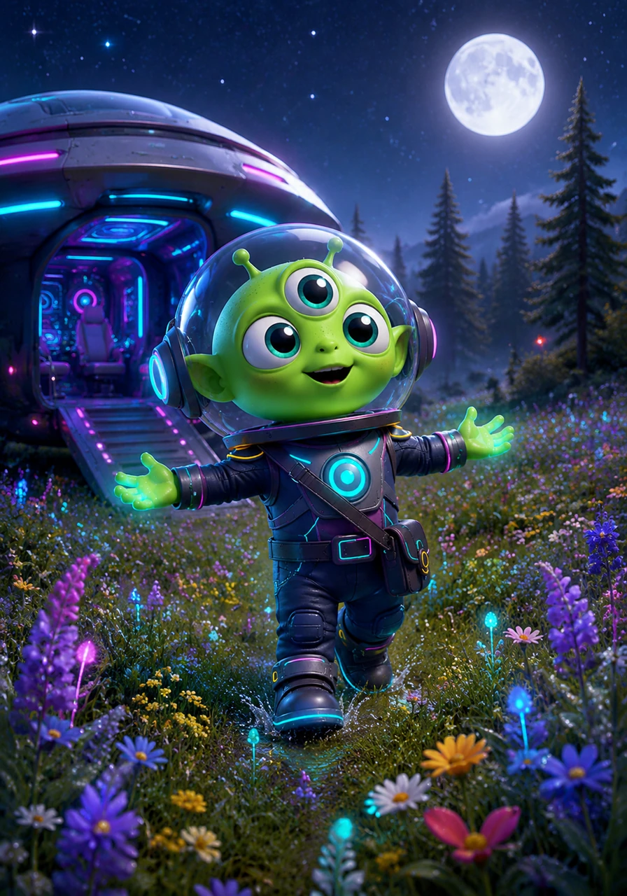 The spaceship touches down softly in a meadow filled with wildflowers under a silver moon. Pip steps out, his boots making a soft squish in the grass as he breathes in the fresh, pine-scented air.
