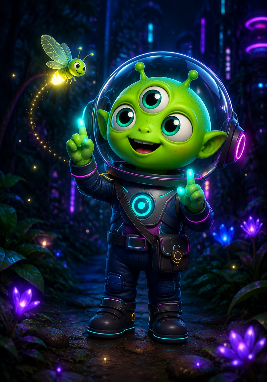 A tiny firefly dances around Pip’s head, blinking its yellow light in a rhythmic pattern. Pip giggles and mimics the light with his glowing fingertips, making a new friend in the dark.