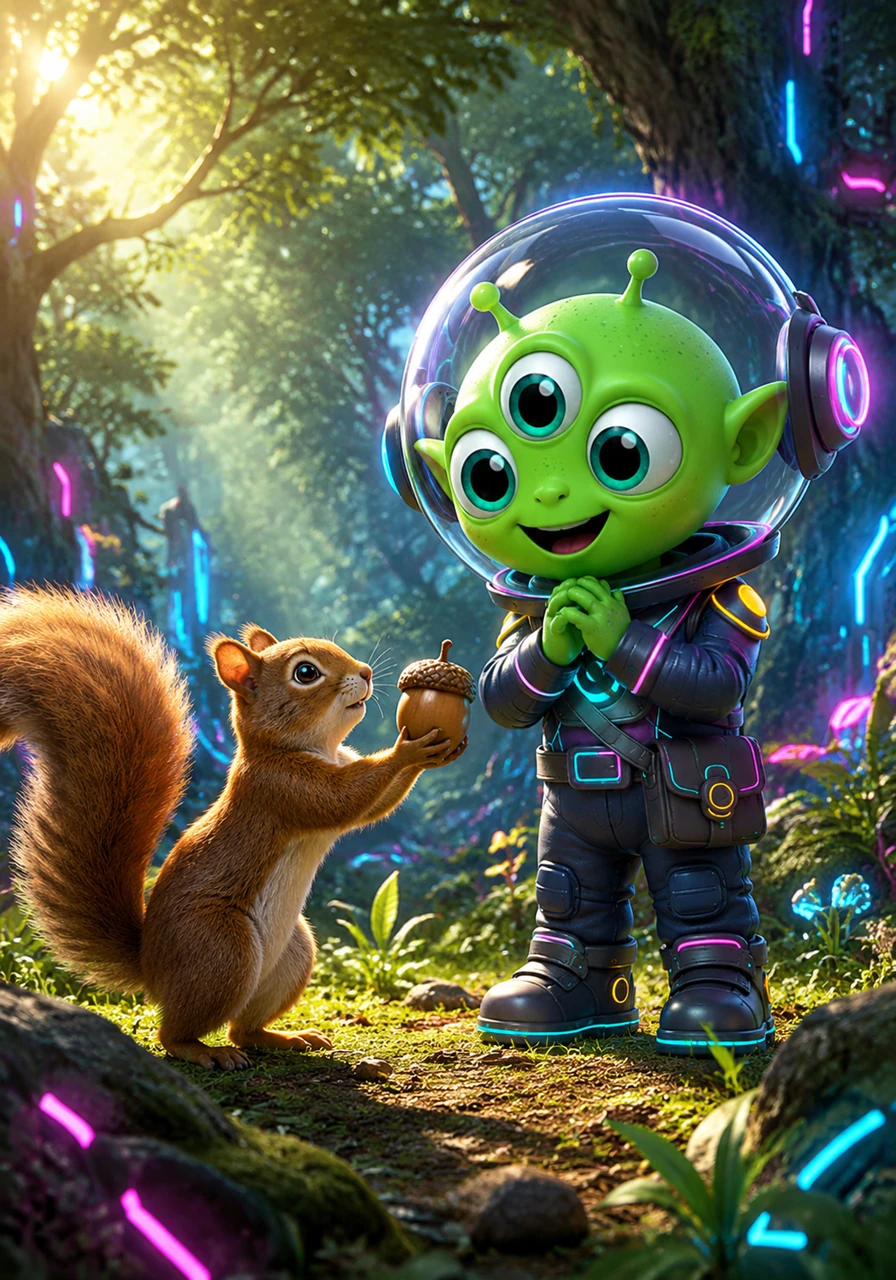 In the morning light, a bushy-tailed squirrel hops over to investigate the strange visitor. Pip watches in wonder as the squirrel offers him a crunchy acorn, a gift of friendship from the forest.