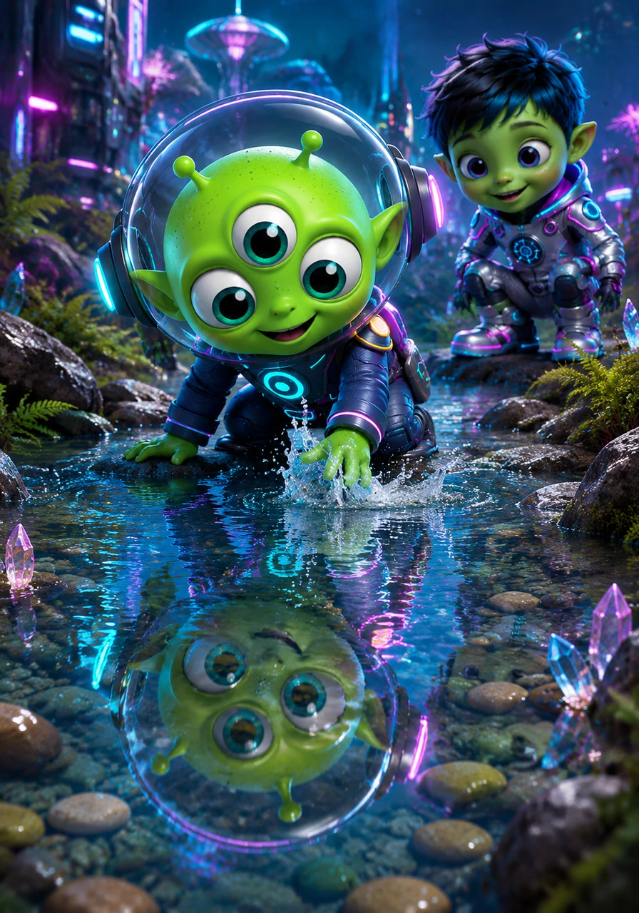 Pip finds a crystal-clear stream and leans over to see his reflection among the smooth pebbles. He splashes the cool water, amazed at how it feels so different from the liquid clouds on his home planet.