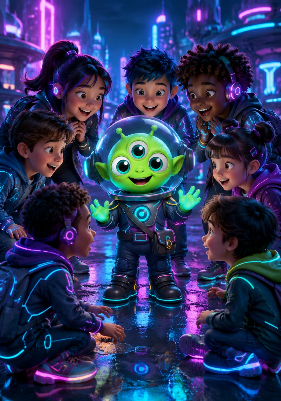 A group of children playing nearby spots Pip and gathers around him with bright smiles and gasps of awe. They don't see a stranger; they see a magical new friend from the stars who wants to play.