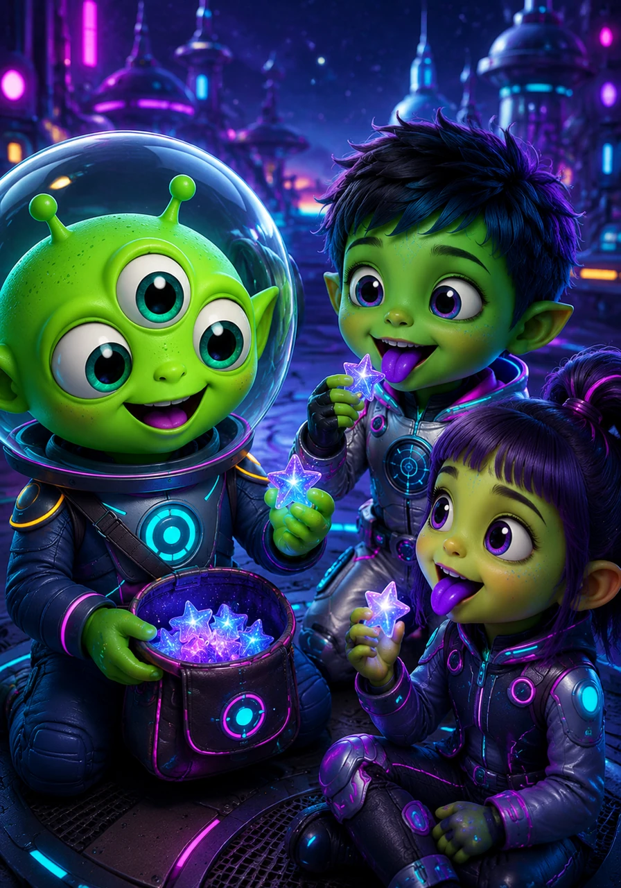 Pip opens a small pouch and shares glowing, star-shaped berries from his home world with the children. Everyone laughs as their tongues turn a gentle shade of purple, enjoying the sweet, cosmic treats.