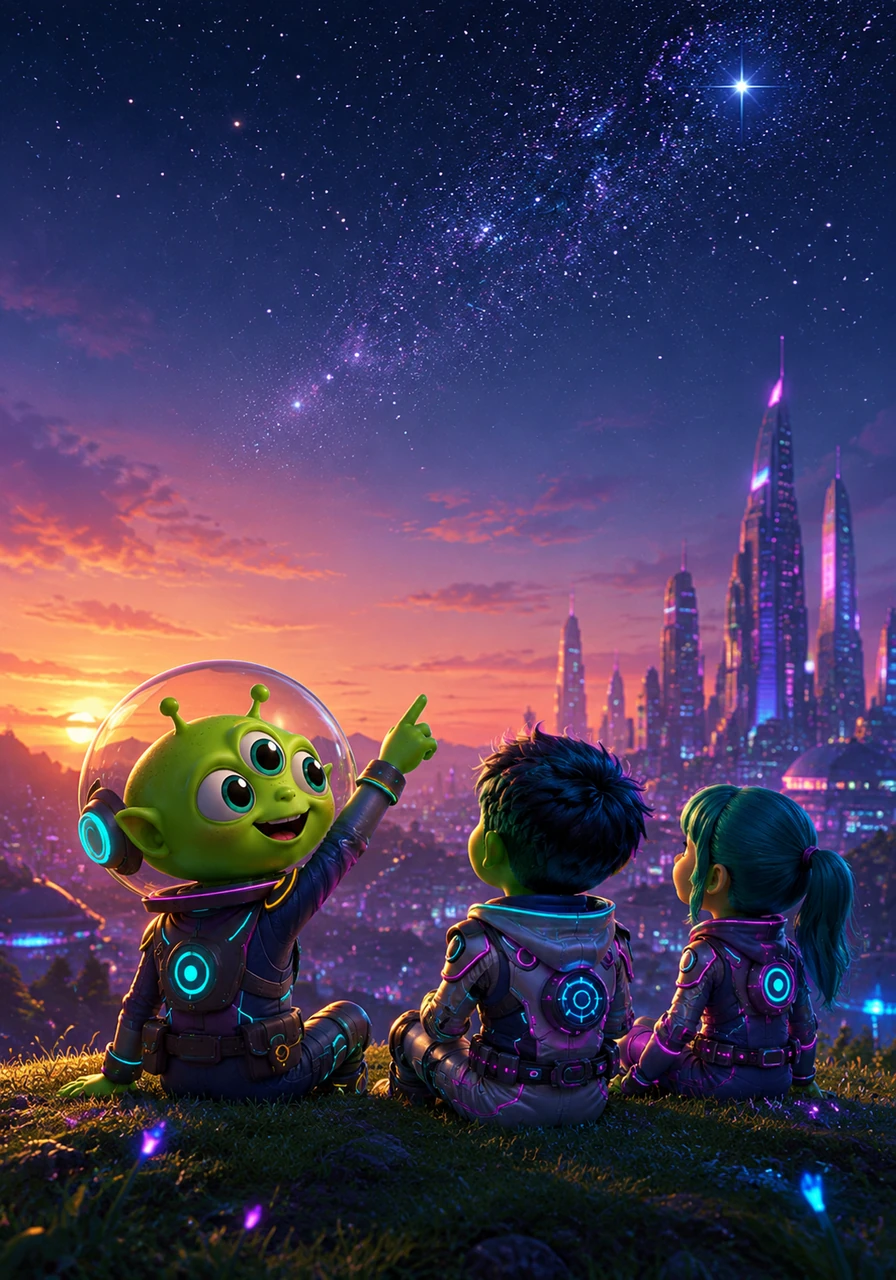 As the sun begins to set, Pip and the children sit on a hill, looking up at the first appearing stars. Pip points to a distant, shimmering dot in the sky, showing them where he came from.