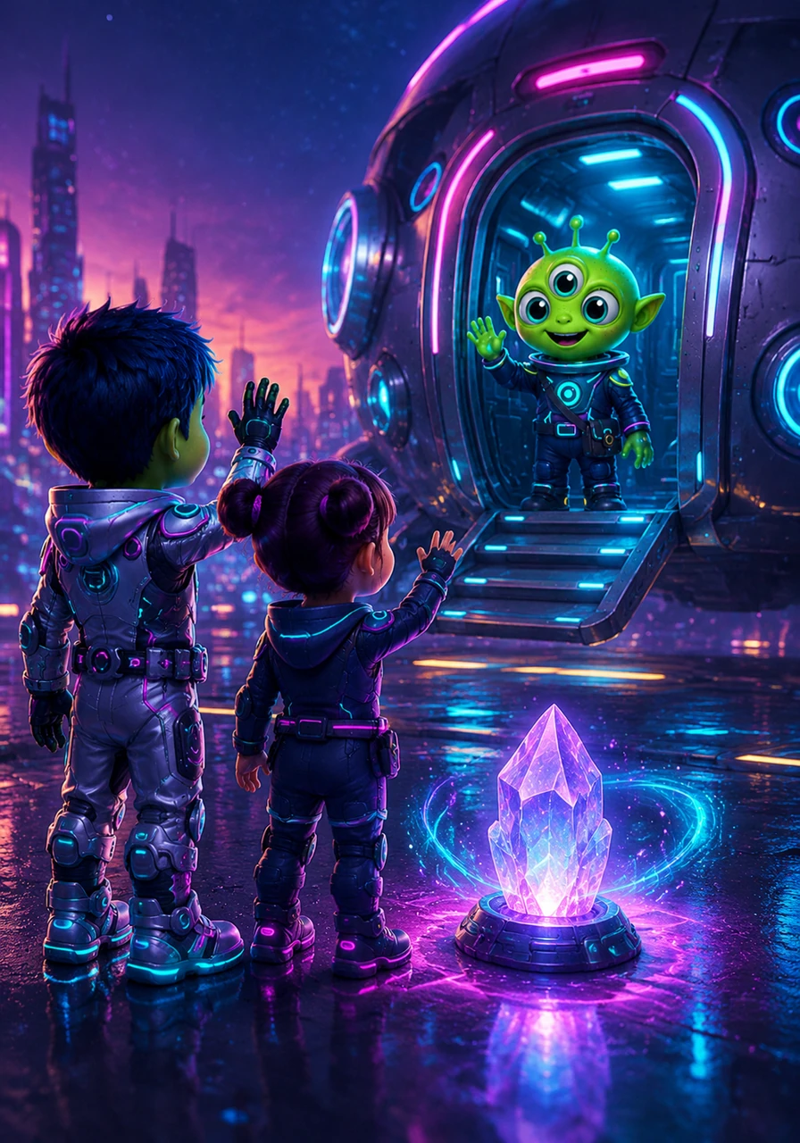 It is time to go, and Pip waves a bittersweet goodbye to his Earthling friends from the door of his ship. He leaves behind a glowing crystal that hums a soft melody, a reminder of the day the stars came down to play.