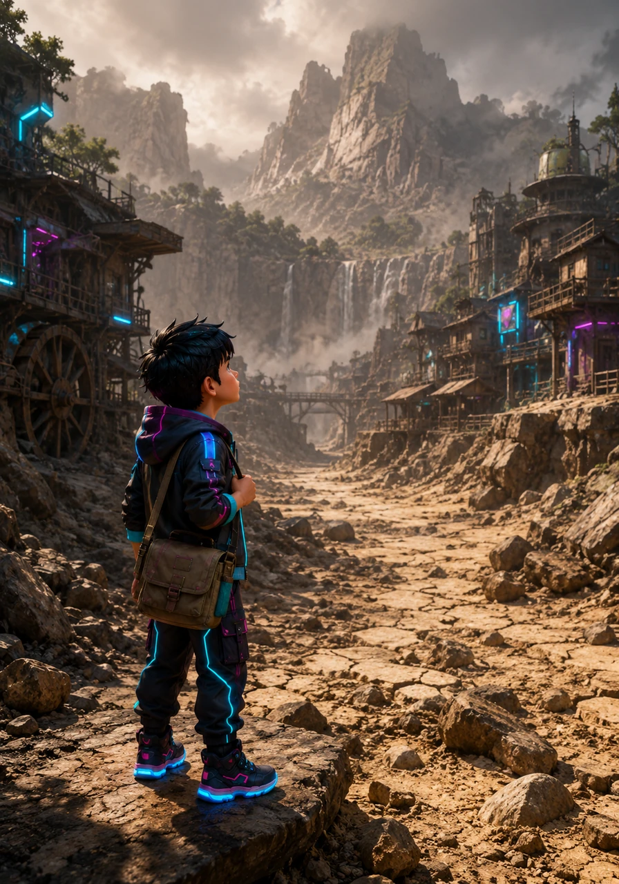The vibrant village of Oakhaven is cast in a dusty haze as the Whispering Falls trickle to a complete stop. Young Leo stands at the edge of the dry riverbed, looking up toward the looming, misty mountains with determination in his eyes.