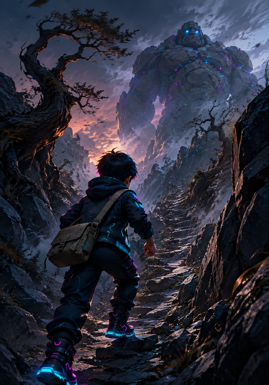 He packs a small canvas bag and steps onto the winding, steep mountain path, surrounded by twisted ancient trees. He proves himself brave as the shadows lengthen around him, refusing to turn back even when the wind howls through the rocky canyons.