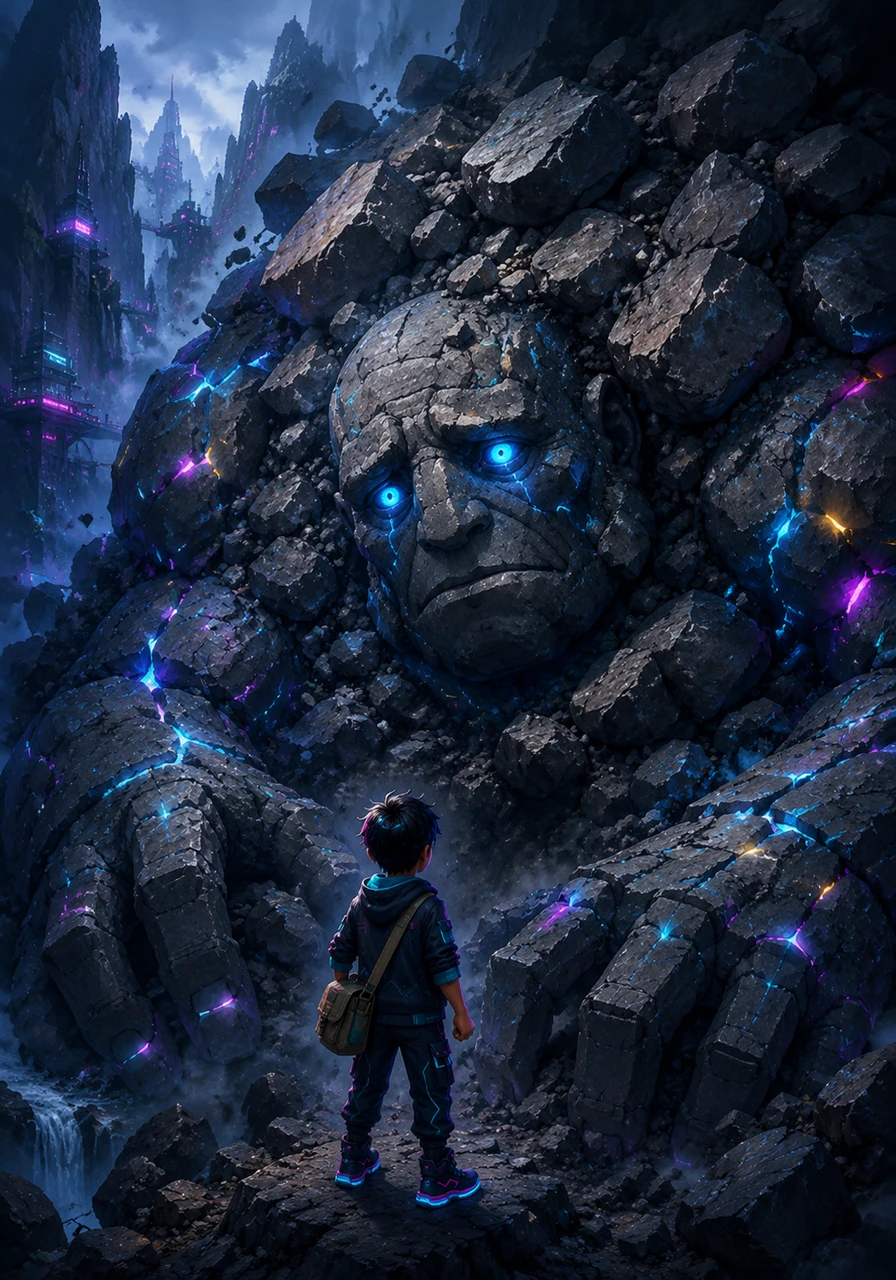 High among the jagged cliffs, Leo discovers a massive stone guardian pinned beneath a heavy rockslide. The giant creature's glowing blue eyes look down in sorrow, trapped and unable to protect the mountain waters.