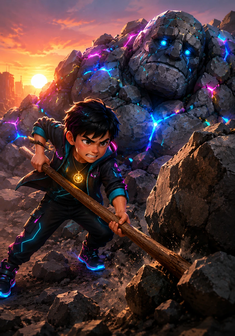 Working tirelessly until the sun begins to set, the selfless boy uses a long wooden branch as a lever to roll the crushing rocks away. Sweat pours down his face, but he refuses to rest until the gentle giant is completely free from the debris.