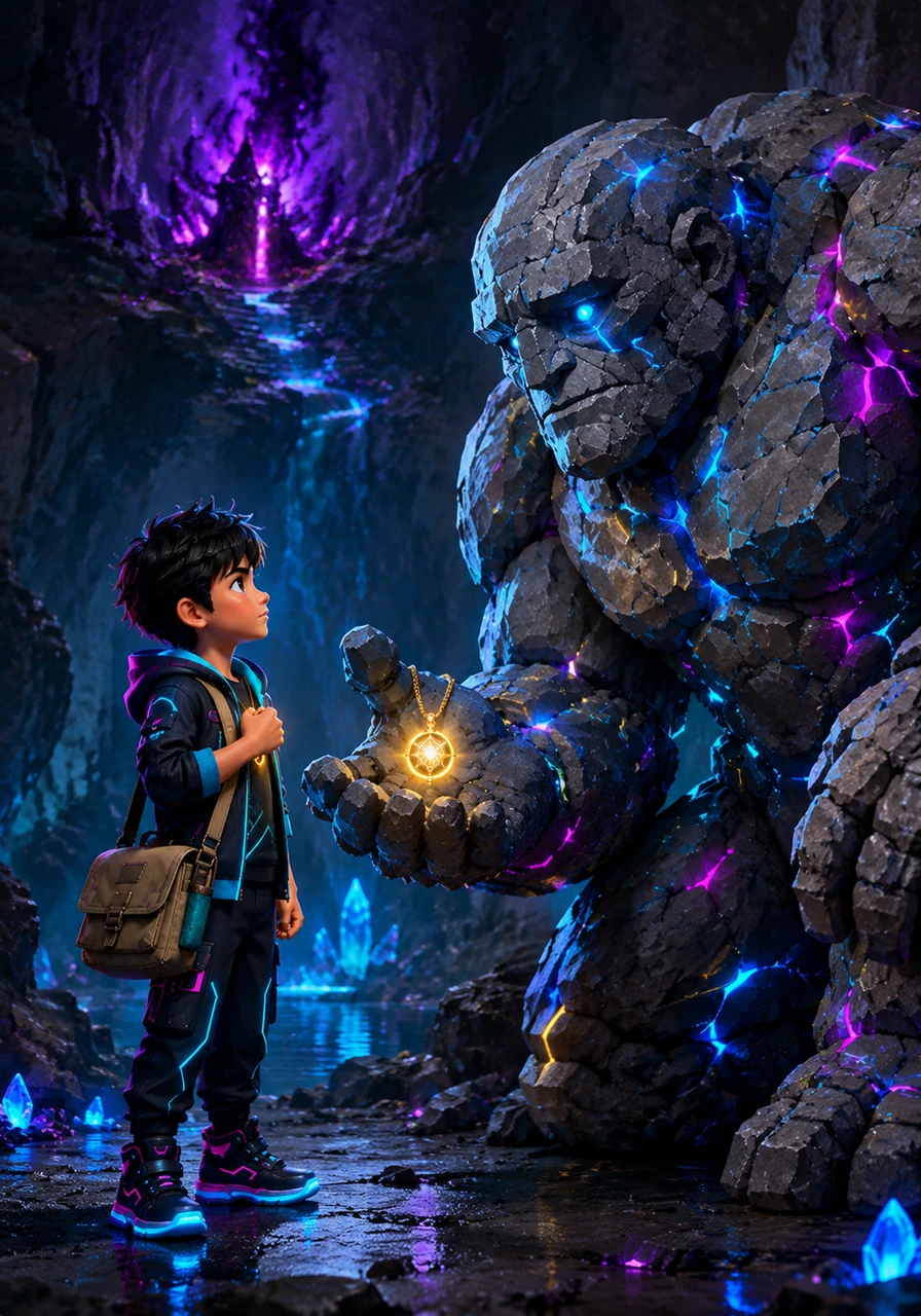The grateful stone giant explains that a dark force has blocked the cavern spring, but he is too weak to climb any higher. Leo makes an honorable promise to finish the quest himself, earning a golden amulet from the guardian as a token of absolute trust.