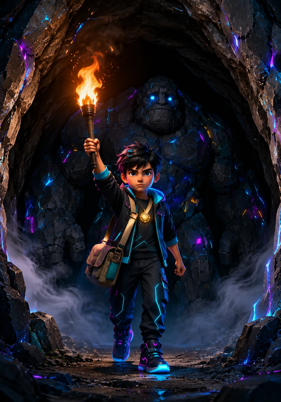 Leo stands at the entrance of the pitch-black Cavern of Shadows, where cold air rushes out like a warning. Taking a deep breath, the courageous boy steps into the darkness, holding his single flickering torch high above his head.