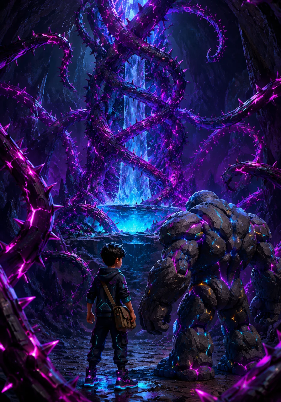 Inside the cavern's heart, glowing purple thorns wrap tightly around a crystal-clear spring, choking the water supply. The magical vines whip through the air defensively, but Leo stands firm, analyzing the pattern to find a way through.