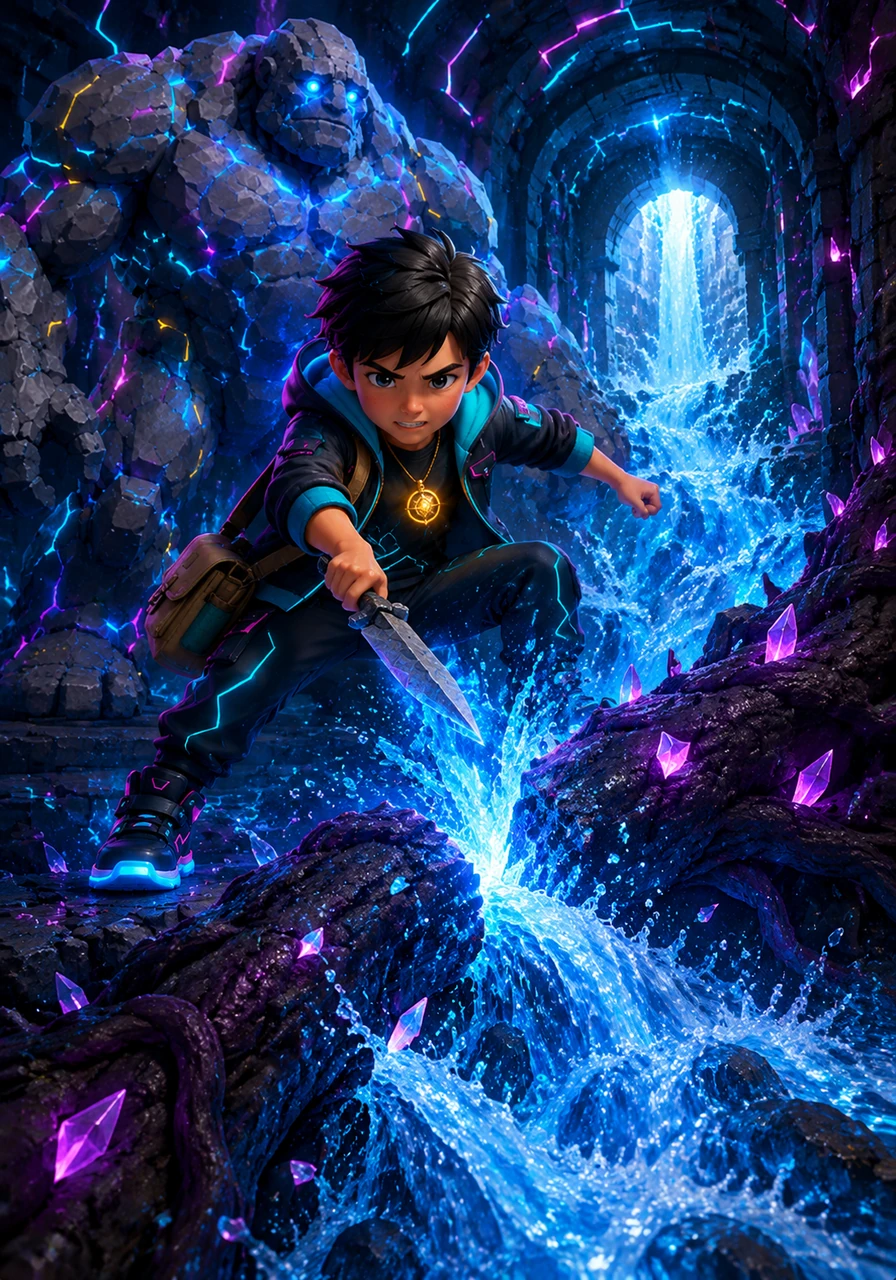 With a final, swift movement, Leo uses a sharp stone tool to sever the main glowing root of the thorny vine. Instantly, the crystal spring bursts forth, sending a magnificent wave of sparkling blue water rushing down the stone tunnels.