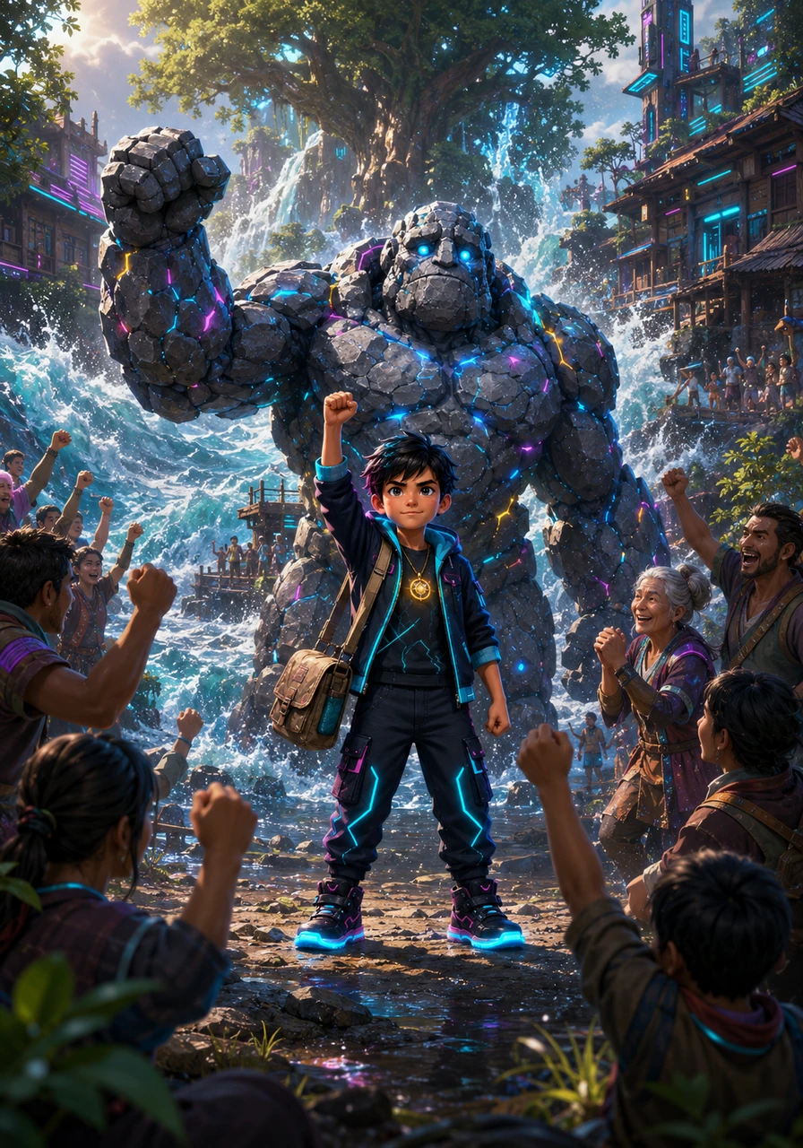 The great-hearted boy arrives back at the edge of Oakhaven just as the roaring river returns, splashing life back into the parched earth. The villagers cheer wildly, celebrating the return of the water and the young hero who brought it back.