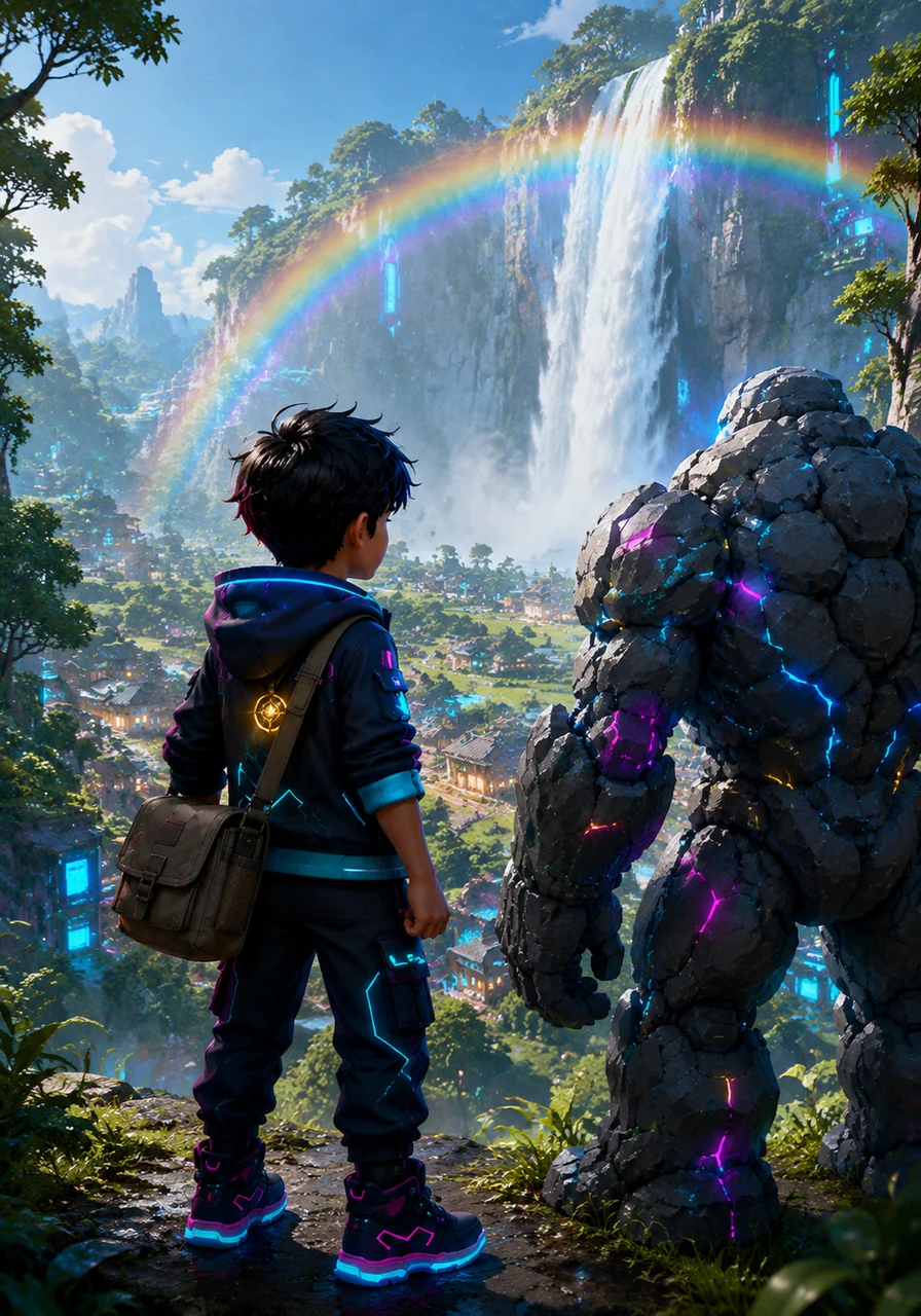 Under a brilliant rainbow formed by the spray of the restored waterfall, Leo looks out over his green, happy village. The golden amulet glows softly against his chest, a lasting reminder that true strength lies in a noble and caring spirit.