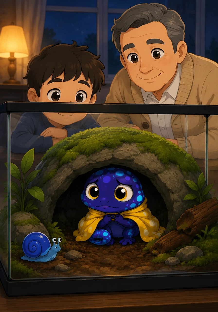 Glimmer was a tiny, polka-dotted salamander with a very big problem. He was a glow-mander who was secretly afraid of the dark! Every night, he buckled his yellow nightlight cape and hid under a mossy rock in his glass terrarium, waiting for the sun to come back. A tiny blue snail watched him from the corner of the tank.