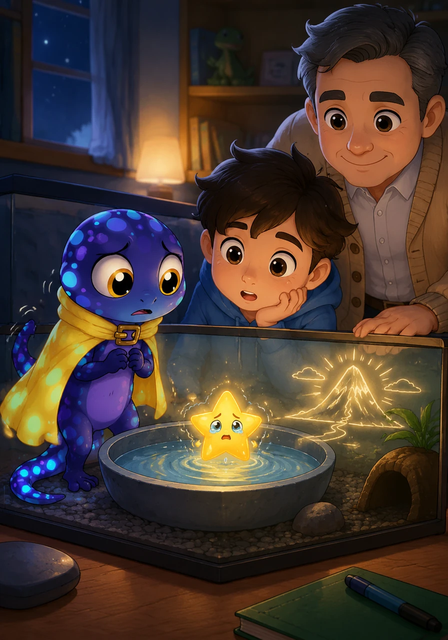 CLINK! A tiny, shivering star fell from the sky and landed right in Glimmer’s water bowl. The Great Sky-Lamp has gone out, and I am lost, the star whispered. Glimmer’s tail gave a nervous little flicker, but he knew his new friend needed a hero. On the wall of the tank, a small drawing of a mountain seemed to glow.