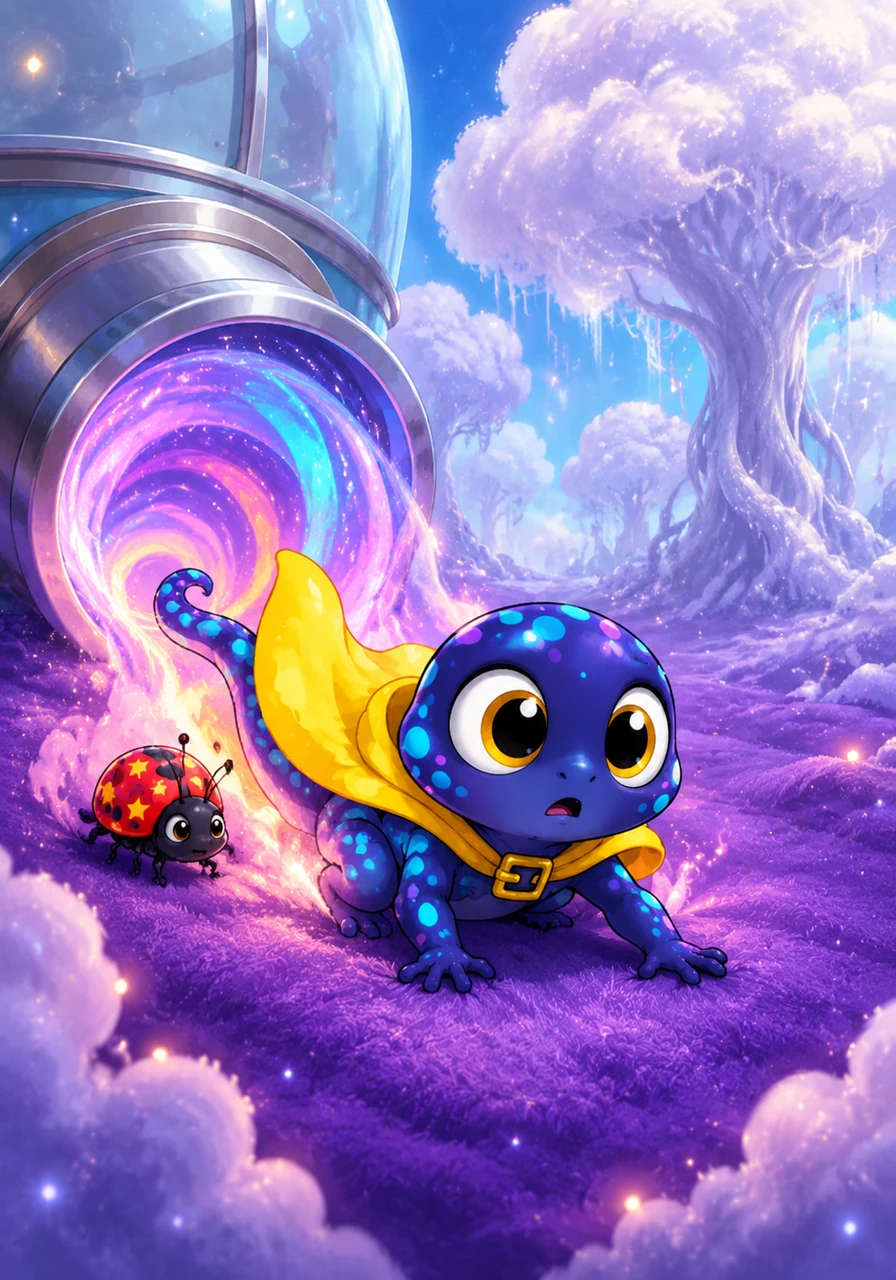 Glimmer took a deep breath and crawled through the magic Glowing Drainpipe at the back of his glass home. WHOOSH! He tumbled through a swirling tunnel of neon light and landed in the Sky Forest, where the trees were made of silver mist and the ground felt like purple velvet. A ladybug with star-shaped spots followed close behind him.