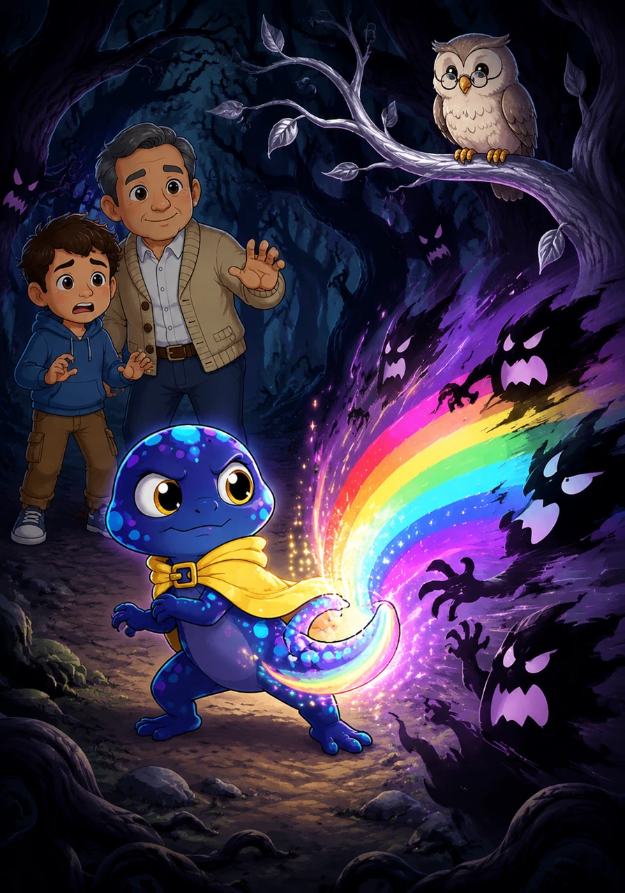 Suddenly, the Shadow Woods grew thick and spooky, and Glimmer’s knees began to knock. He wanted to hide, but then he remembered his special spark. He wiggled his bottom and ZIP-ZAP! His tail glowed like a bright neon rainbow, chasing the scary shadows far away. A friendly owl wearing tiny glasses watched from a silver branch.