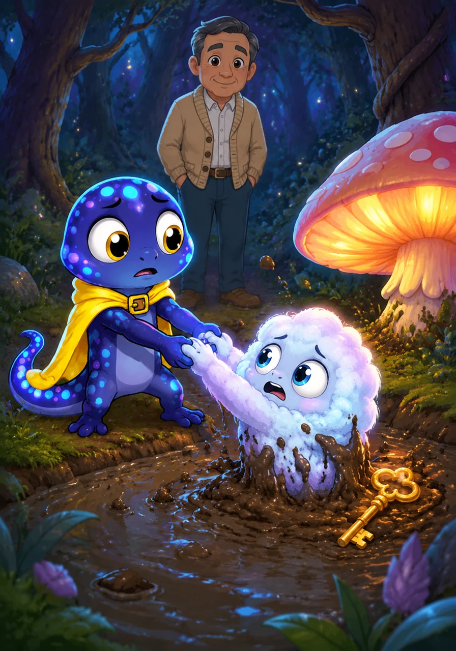 Deep in the woods, he met Pip, a fluffy Cloud-Puff who was stuck in the Sticky Marsh. I cannot pull my feet out, and the night is too cold, Pip cried. Glimmer grabbed Pip’s soft paws and together they did a 1-2-3-HEAVE until Pip popped out with a loud PLOP! A golden key was hidden partially under a giant glowing mushroom nearby.
