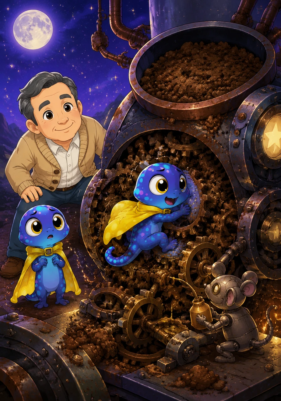 They reached the Star-Catcher Machine at the top of the hill, but it was jammed with rusty Moon-Dust. Glimmer was small and slippery, so he squeezed into the tiny, clicking gears. He wiggled and jiggled and kicked until the big machine began to hum and whir. A small robot mouse was busy oiling the gears in the background.