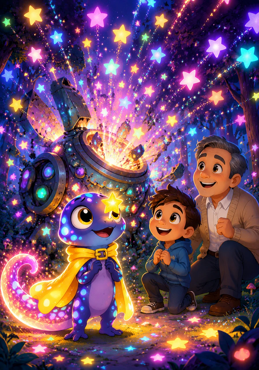CLICK-CLACK-BOOM! The machine burst open and thousands of trapped stars zoomed back into the sky. POP! SPARKLE! SHIMMER! The whole world turned into a glowing disco of light, and Glimmer’s tail turned a happy, bright shade of golden-pink that lit up the entire forest. One star stayed behind to balance on Glimmer's nose.