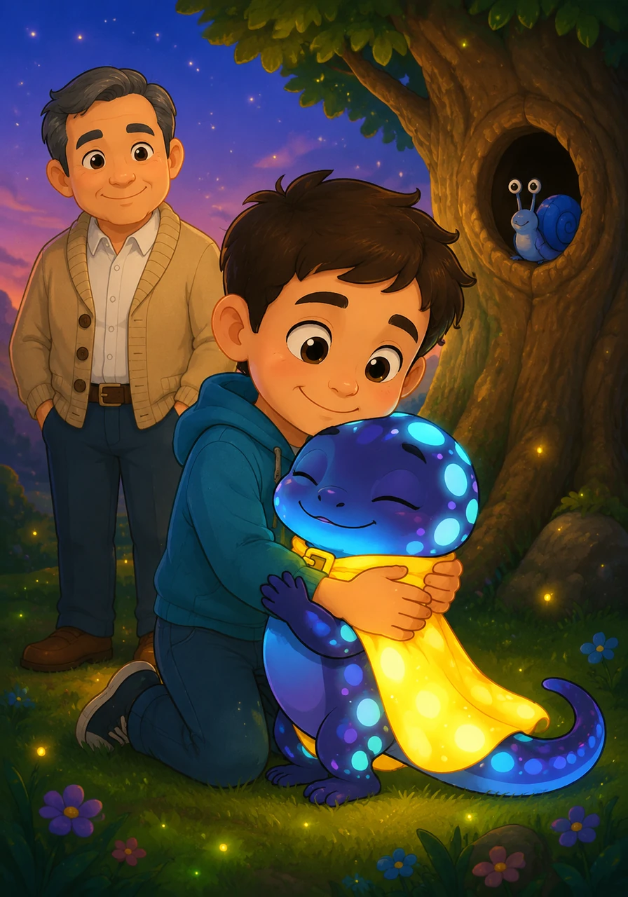 You are the bravest glow-mander in the whole galaxy, Pip said, giving Glimmer a soft, warm cloud-hug. Glimmer realized that even though he was small, his light could do big things when he used it to help a friend in need. In the distance, the blue snail from his tank was surprisingly visible in a tree hole.