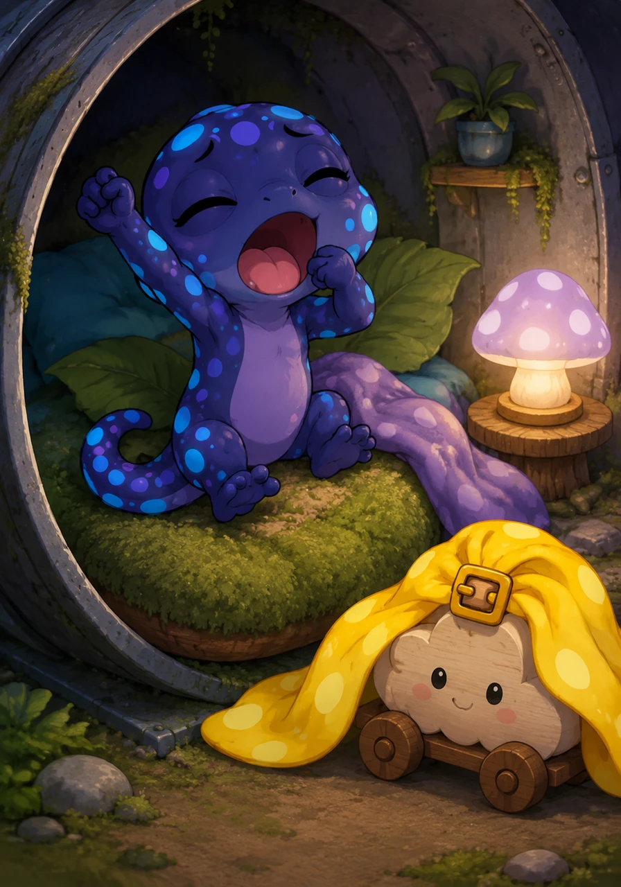With a long, sleepy yawn, Glimmer hopped back through the drainpipe and tucked himself into his cozy mossy bed. He unbuckled his yellow nightlight cape and tossed it aside because he wasn't afraid of the shadows anymore. His nightlight cape landed perfectly on a small wooden toy shaped like Pip the Cloud-Puff.