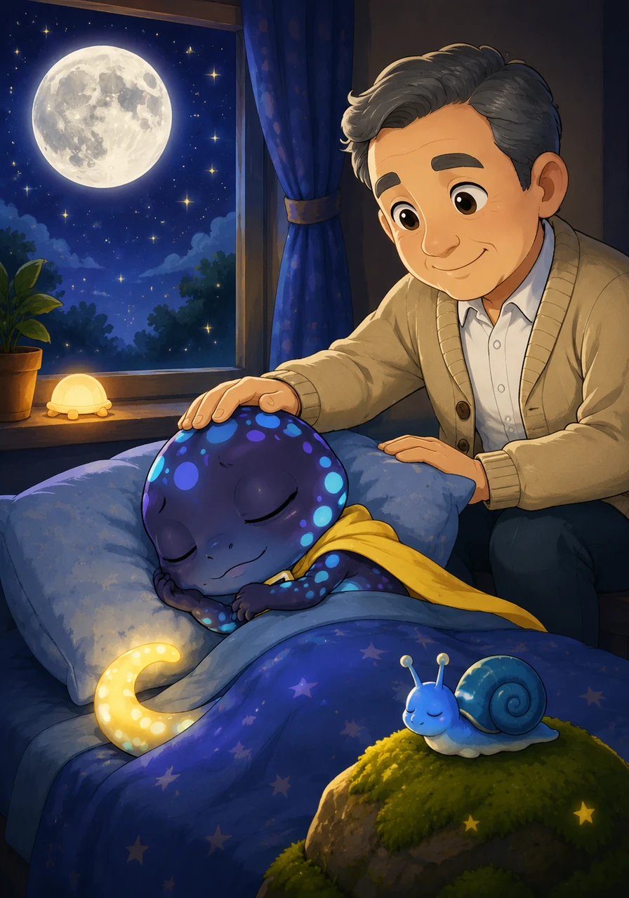 Glimmer drifted off to sleep as the big, silver moon watched over him from the window. His tail glowed with a soft, warm light that matched the stars dancing high above. Sweet dreams, little light, the moon whispered into the quiet night. The tiny blue snail finally reached the top of the mossy rock to sleep beside him.