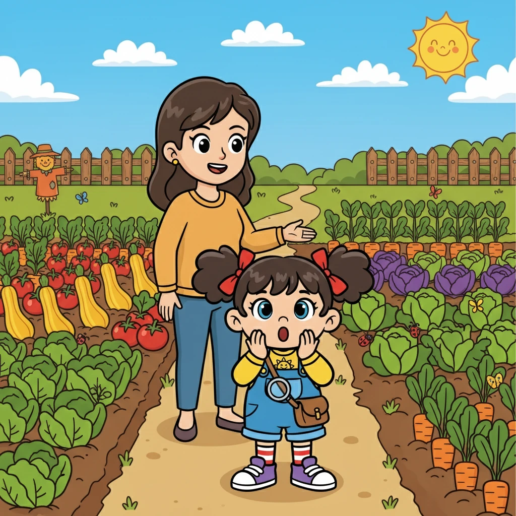 Suatu hari, Ibu mengajak Rara ke kebun sayur. Rara terkejut melihat berbagai macam sayuran yang berwarna-warni tumbuh subur.
