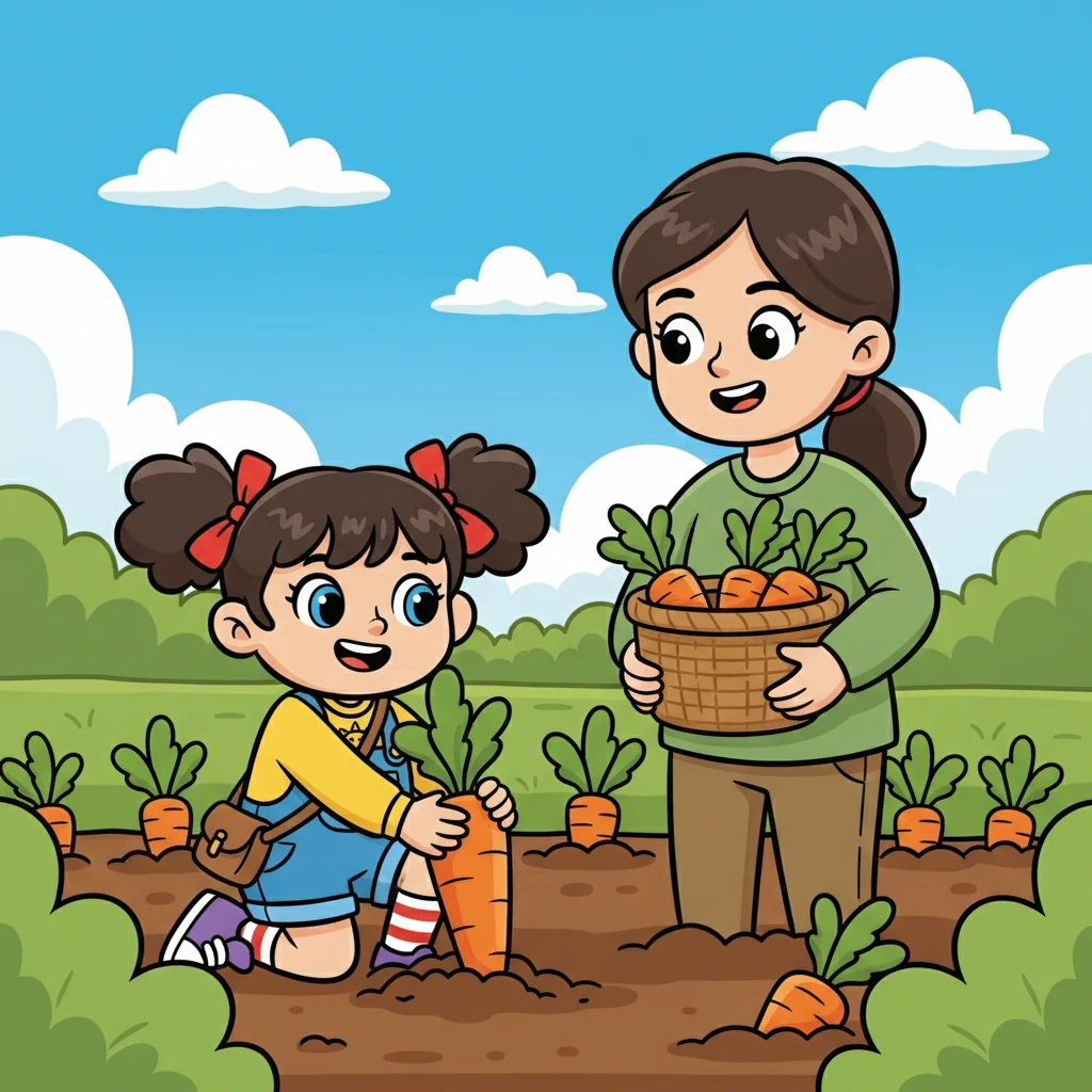 Ibu mengajak Rara untuk memetik wortel. Rara merasa senang bisa memetik sayuran langsung dari kebun.