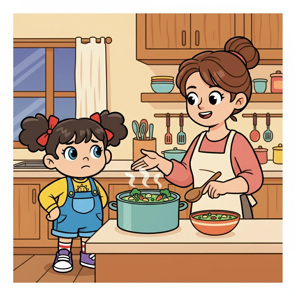 Sesampainya di rumah, Ibu memasak sup sayur yang lezat. Rara awalnya ragu-ragu, tetapi Ibu meyakinkannya untuk mencoba.