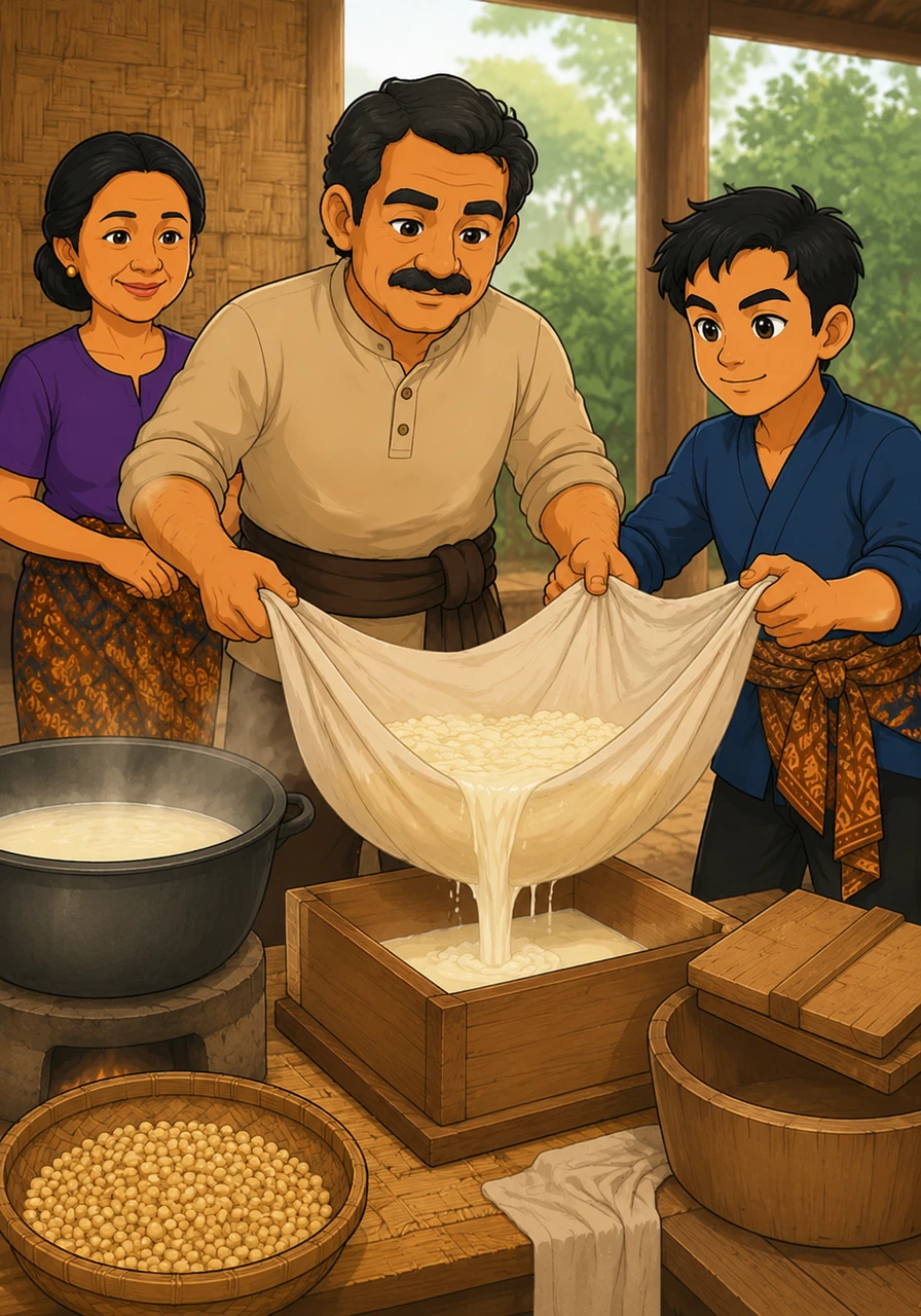 Dengan cekatan, ayah Cecep menyaring gumpalan susu kedelai putih bersih menggunakan selembar kain tipis yang besar. Cecep membantu memegang ujung kain, memastikan seluruh sari kedelai mengalir sempurna ke dalam cetakan kayu.