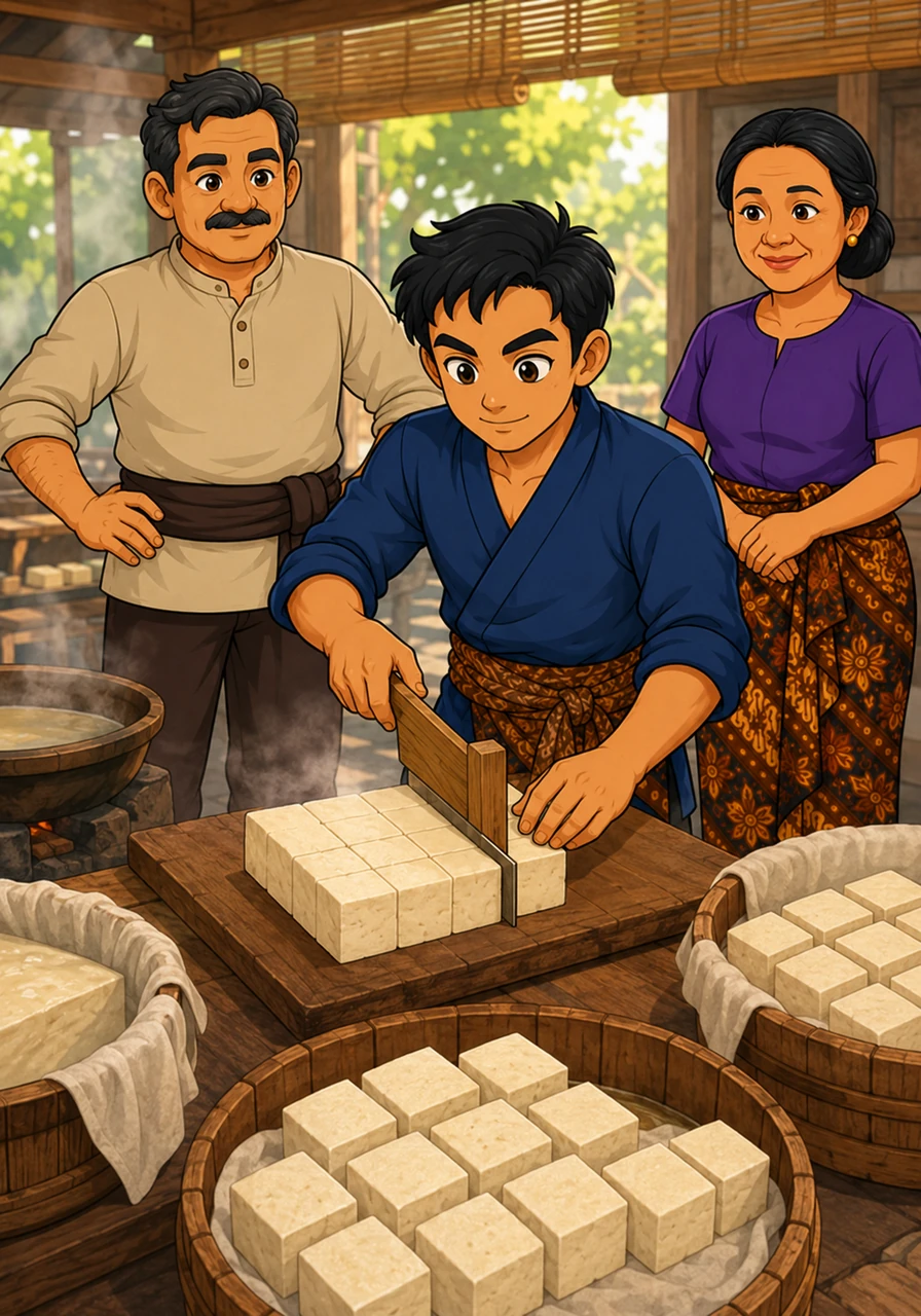 Setelah airnya tiris, giliran Cecep membantu memotong balok-balok tahu yang masih hangat menggunakan pisau bambu khusus. Setiap potongan tahu berbentuk kotak sempurna, mencerminkan keahlian yang diwariskan turun-temurun.