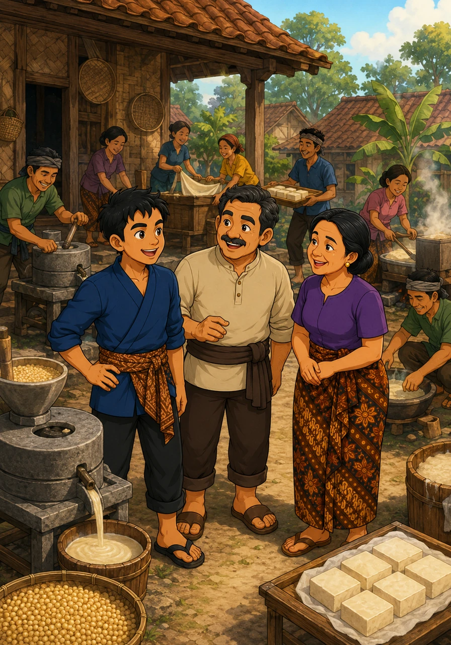 Suasana di luar rumah tidak kalah sibuk karena hampir seluruh tetangga Cecep di Lintungpaku memiliki usaha yang sama. Suara tawa para perajin tahu dan deru mesin giling kedelai saling bersahutan membentuk harmoni pagi desa yang produktif.