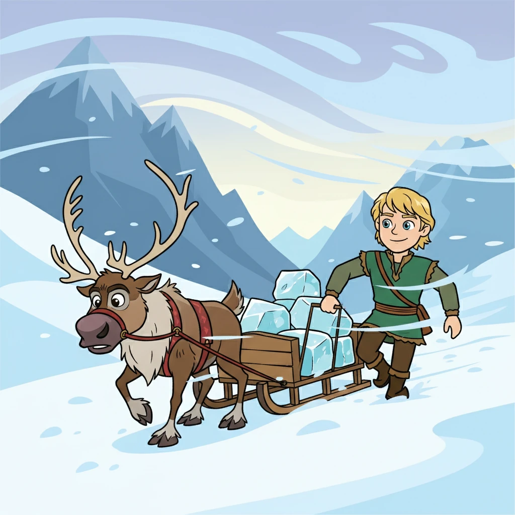 Kristoff, a rugged ice harvester, trudged through the snowy mountains, his trusty reindeer, Sven, by his side. They were on a mission to deliver ice, their livelihood depending on it. The wind howled, but their determination never wavered.