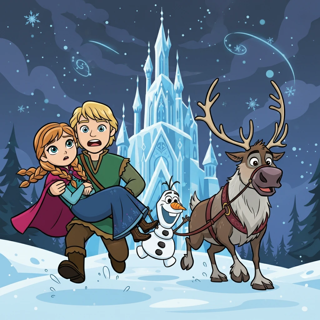 Kristoff, Olaf, and Sven rushed Anna back to the castle, seeking help to reverse the ice magic. They raced against time, fearing the worst.