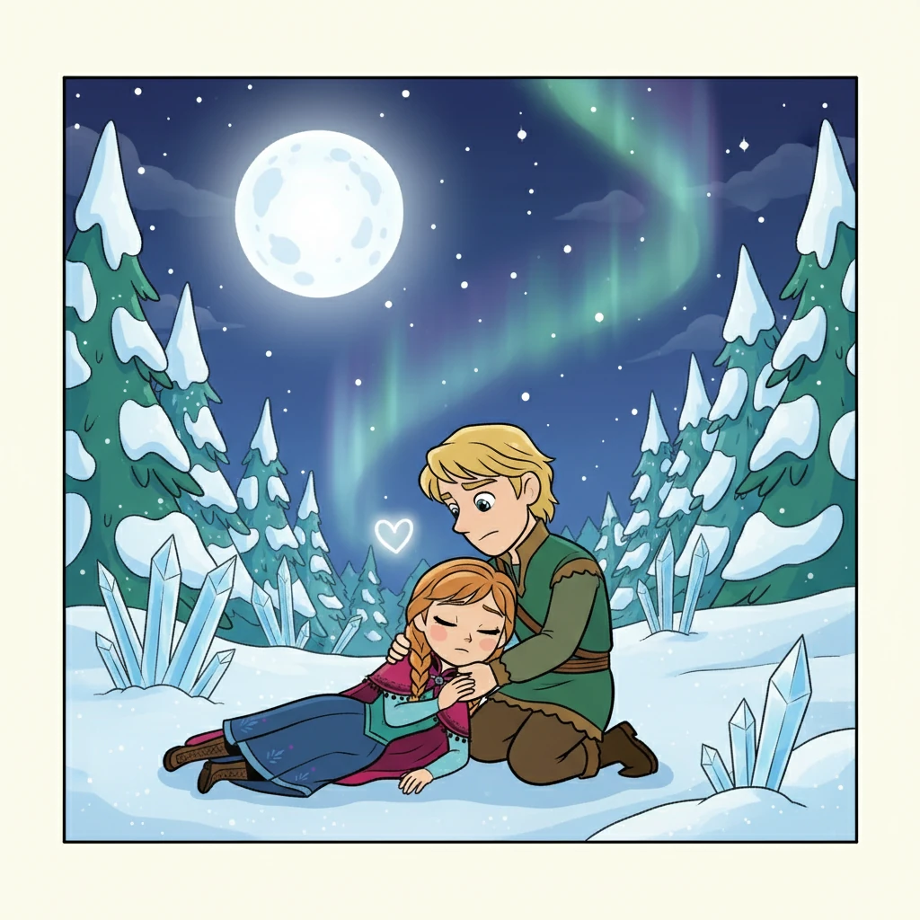 Anna, weakened and near death, was comforted by Kristoff's presence. He confessed his feelings, hoping to break the icy spell.
