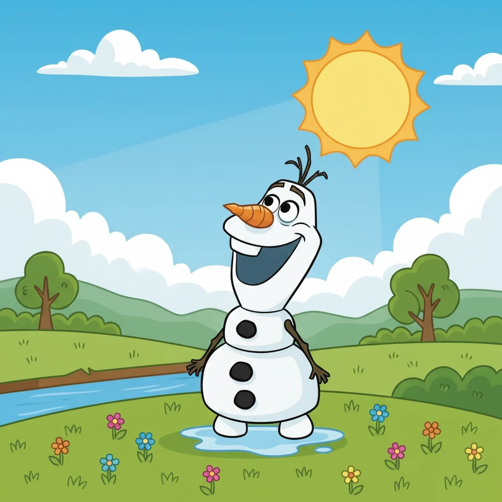 Olaf, delighted with the warm weather, discovered he loved summer. He was happy to feel the sun on his snow-covered body.
