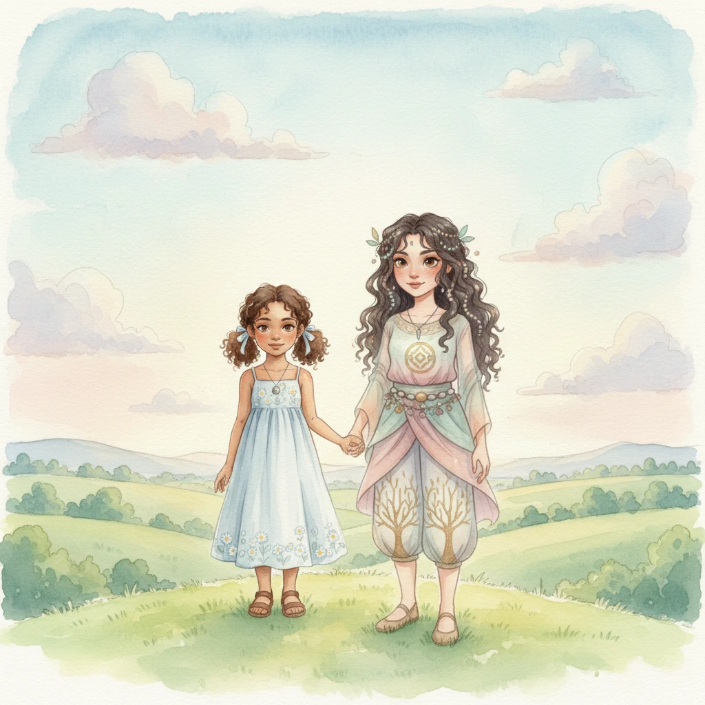 Florence and Wealth, hand in hand, stand on a gentle hill overlooking a vast, rolling landscape. Soft, pastel clouds drift lazily across a sky painted with delicate washes of blue and pink. Their eyes sparkle with shared dreams of adventure, eager to explore the world beyond their familiar meadow. The morning light bathes everything in a warm, inviting glow, hinting at untold wonders.