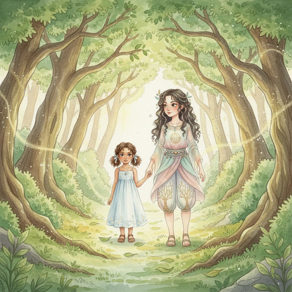 They step into the edge of a Whispering Woods, where ancient trees with gnarled branches reach towards a dappled canopy. Sunlight filters through the leaves in soft, translucent patches, creating an ethereal glow on the forest floor. The air hums with unseen life, and a sense of quiet mystery settles around them as they begin their journey.