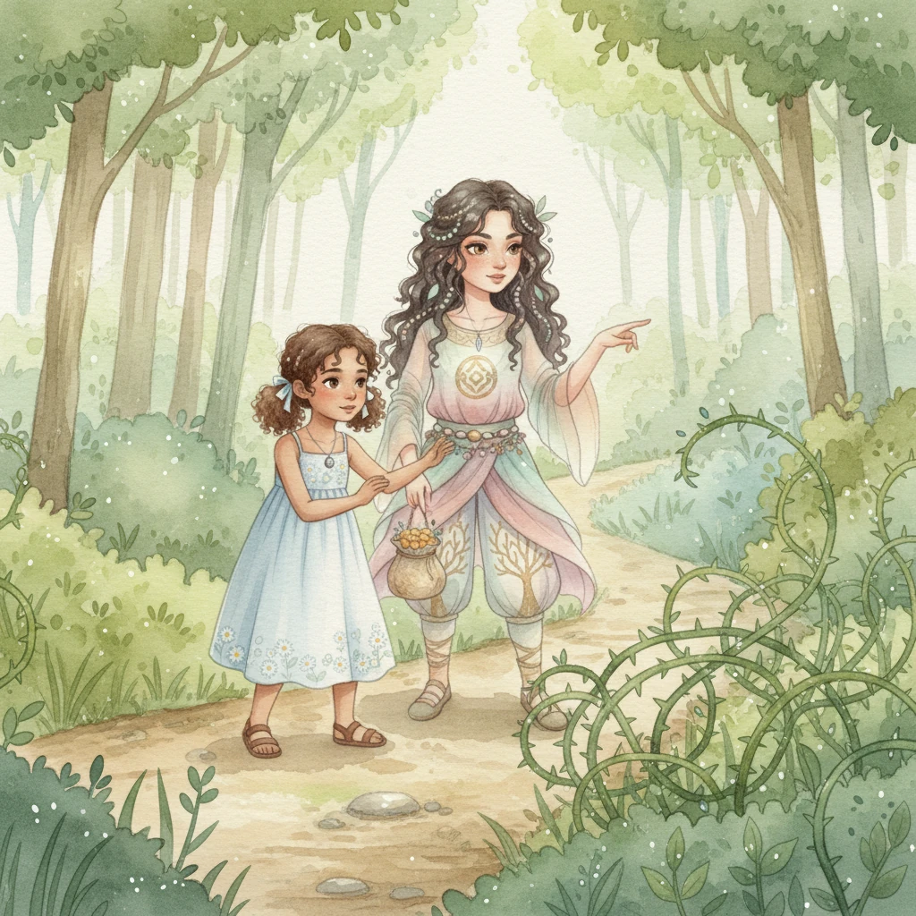 Their path soon narrows into a winding trail overgrown with gentle, thorny vines that sparkle with morning dew. Florence carefully pushes aside a branch, while Wealth points out a clear spot to step. Their teamwork is evident, a soft blend of pastel greens and browns illustrating their cautious progress through the delicate obstacle.
