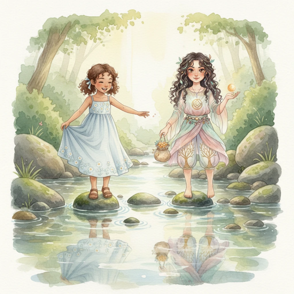They arrive at a shimmering, shallow river, its clear water flowing over smooth, moss-covered stones. The girls giggle as they carefully pick their way across, their reflections dancing like faint watercolors on the water's surface. The cool, flowing current tickles their toes, a refreshing pause in their adventure.
